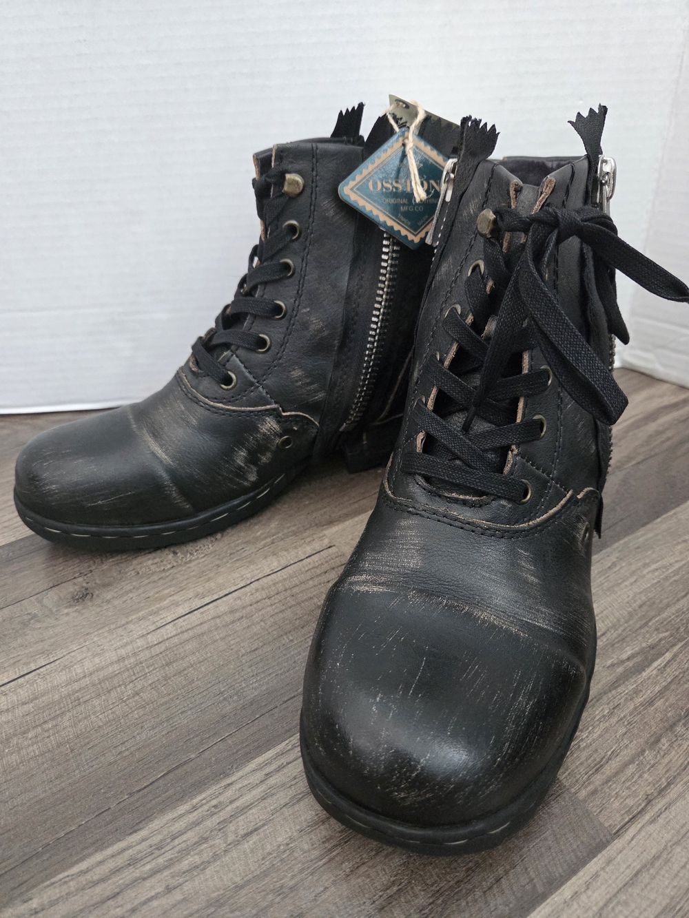 Men's Osstone Moto Distressed Black Lace-Up Ankle Boots with Side Zip Sz 8